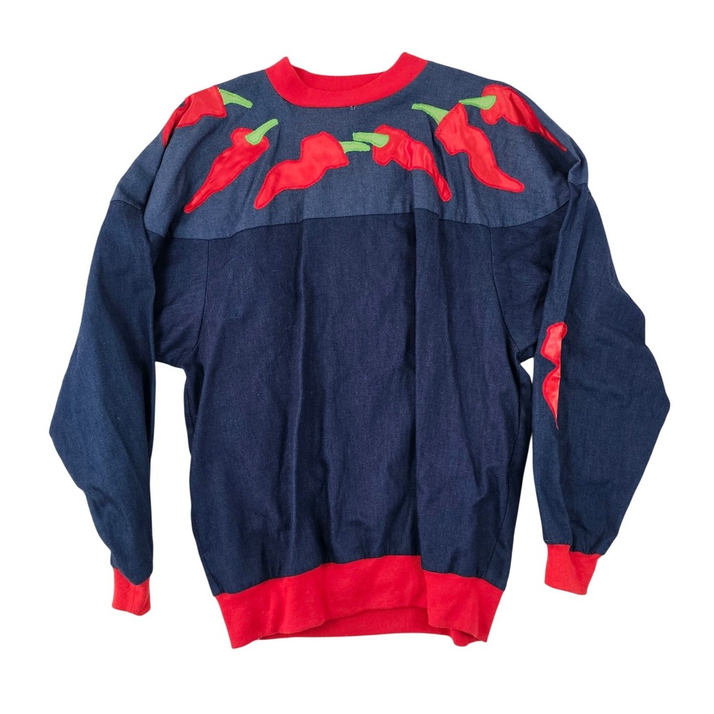 Vintage Alfredo's Wife Chili Pepper Denim Pullover Sweatshirt Blue‎ Red 90s